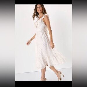 Lulus Lovely Mood White and Gold Ruffled Tiered Midi Dress